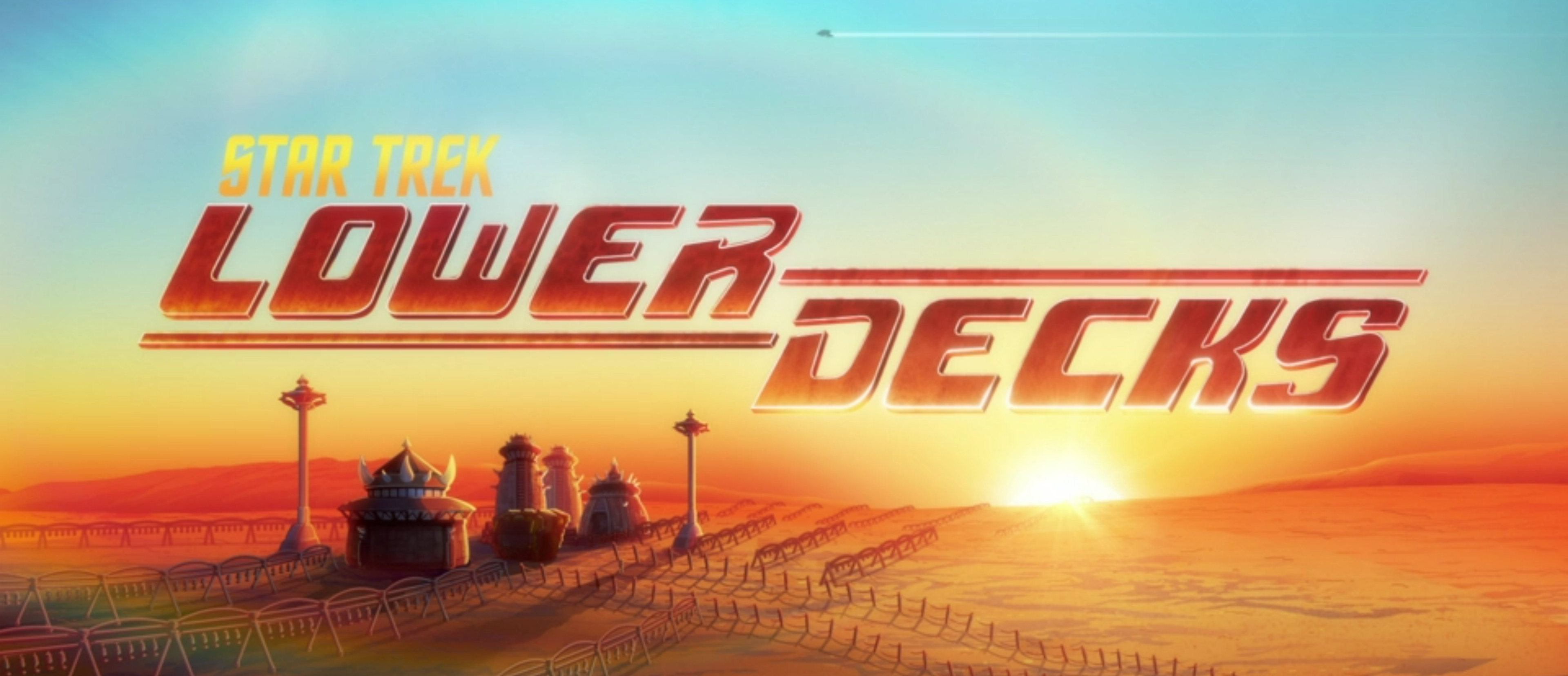 Lower Decks Title Card looking over a Qo-noS sunset..