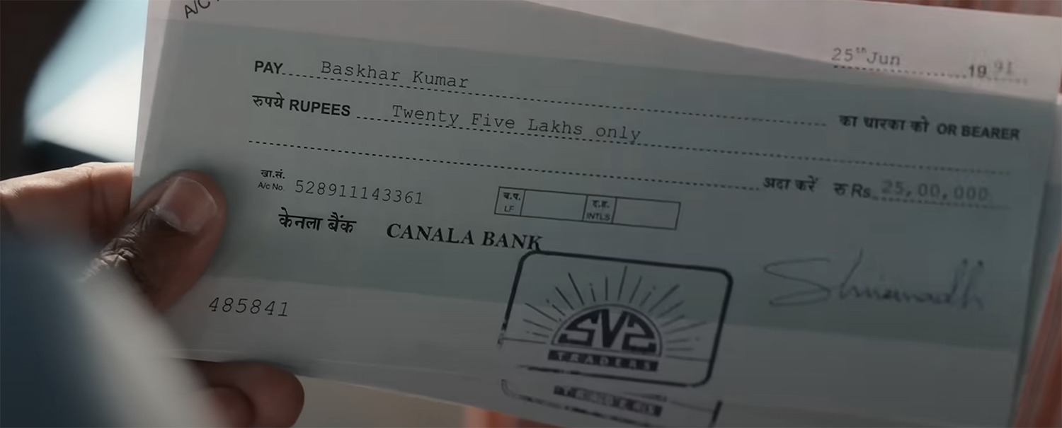 A fraudulent bank check.
