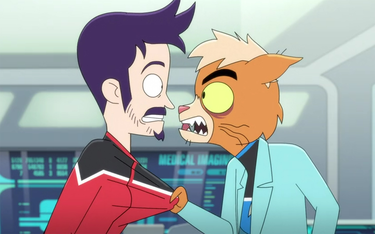 Dr T'Ana grabs onto Boimler's shirt.