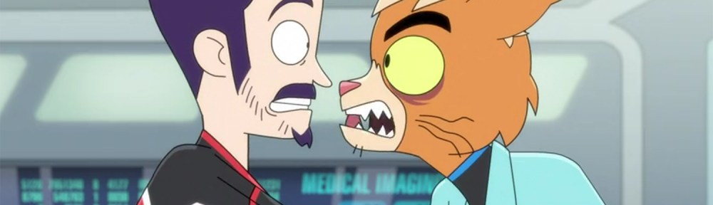 Dr T'Ana grabs onto Boimler's shirt.