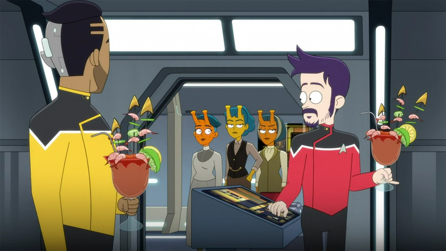 Fancy drinks in a transport room.