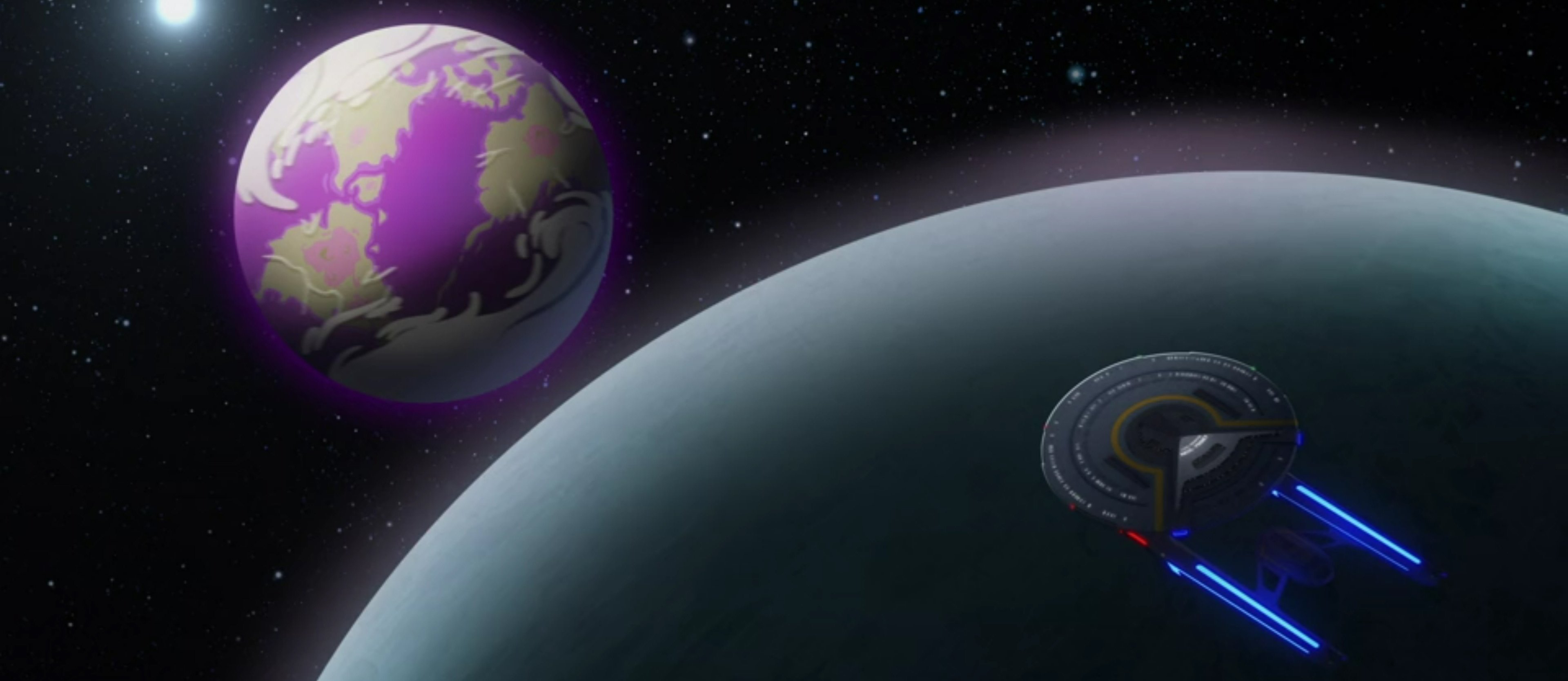 The USS Cerritos over the time planet.