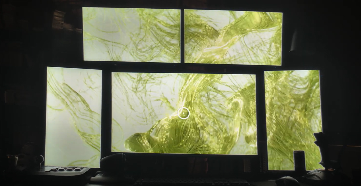 Omnia headset broadcasted on Hana's computer monitors.