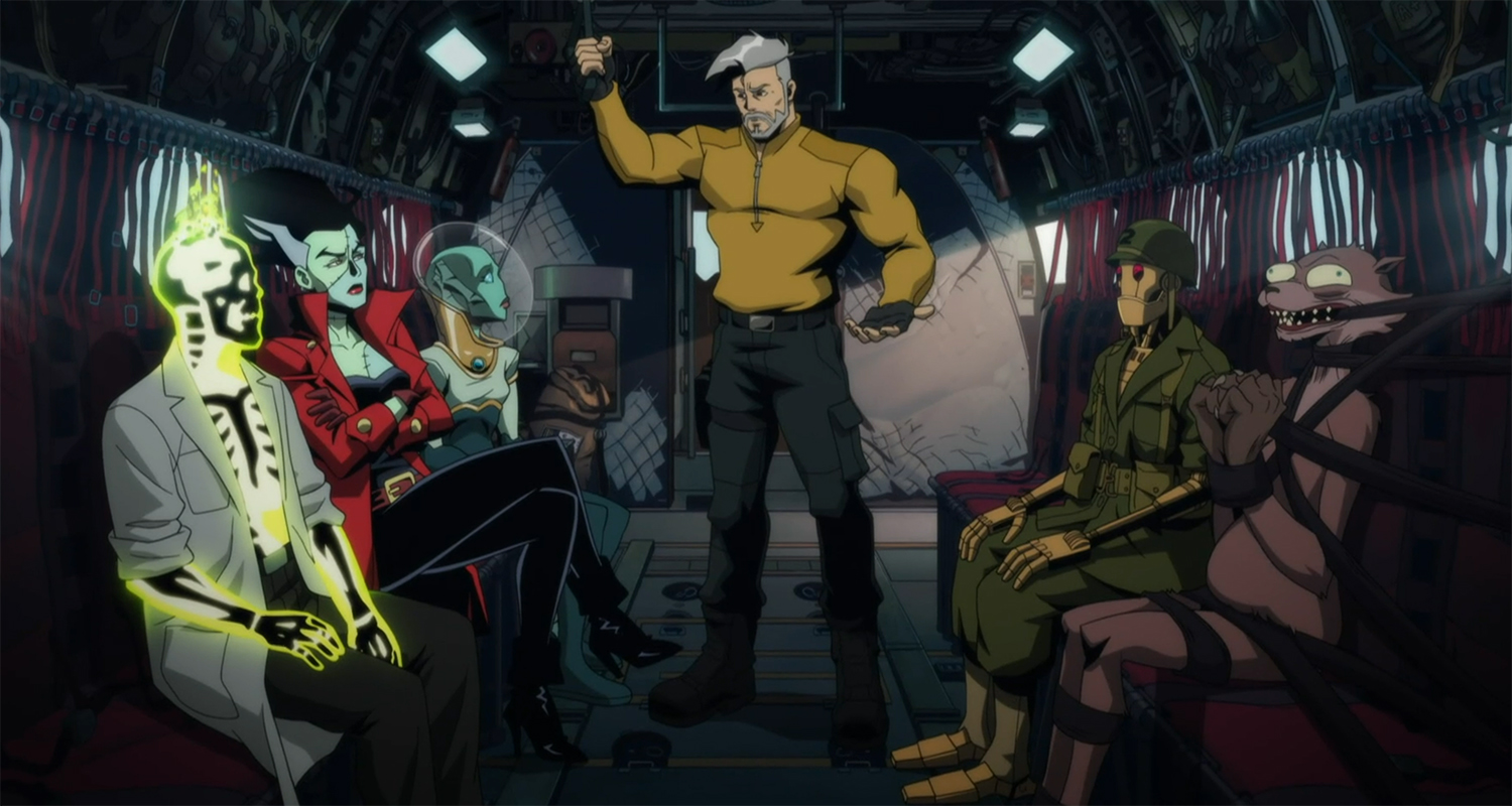 The Creature Commandos on route via a helicopter to their first mission.