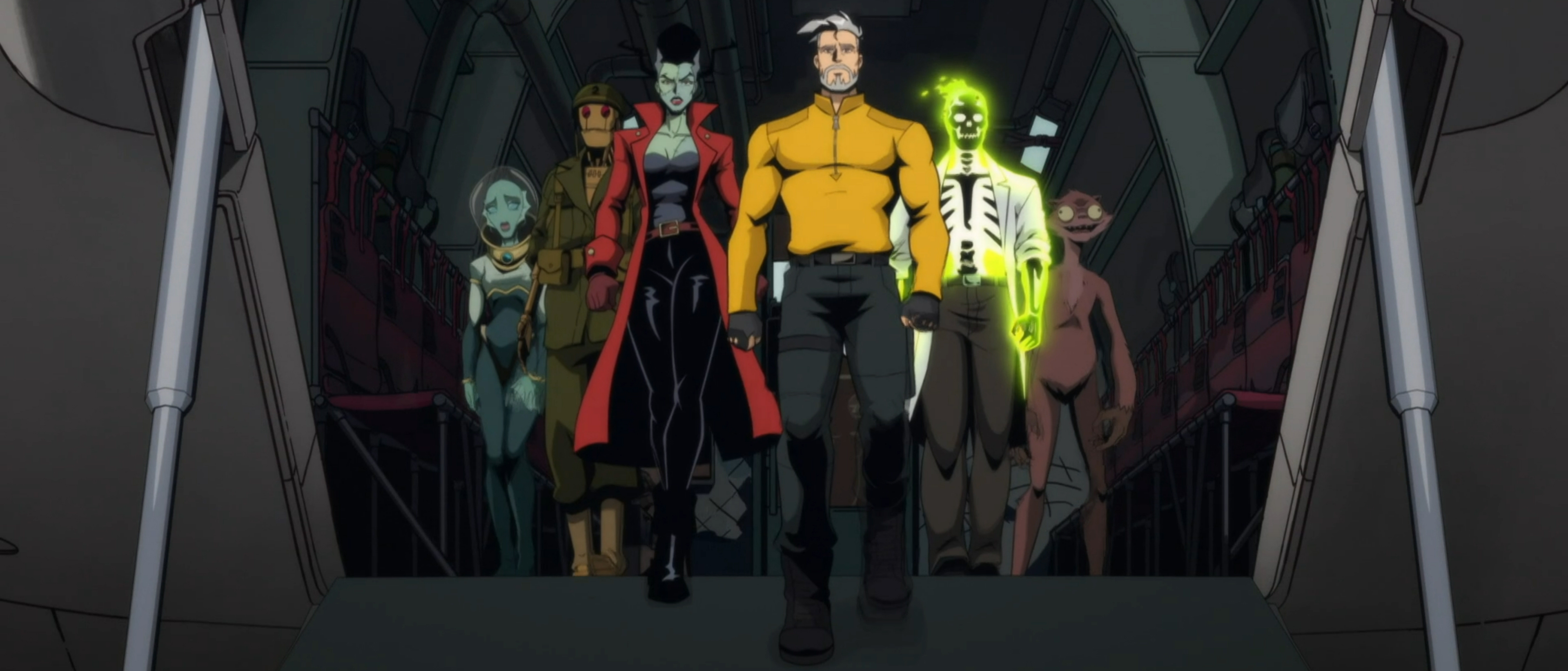 Creature Commandos walk off a helicopter in a perfect line.