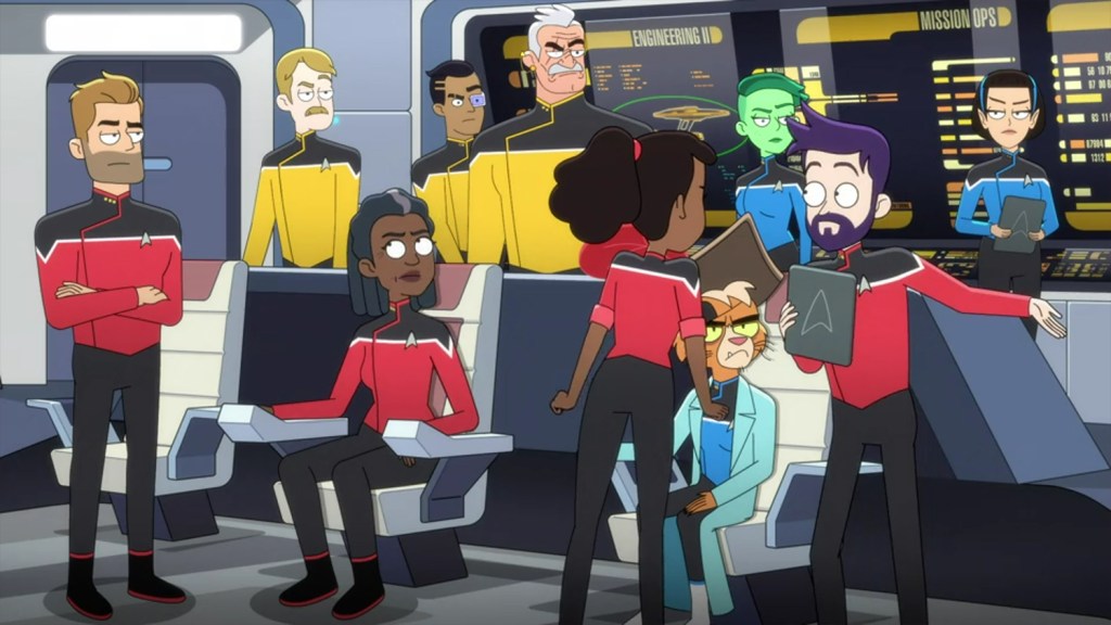 The crew get annoyed at Boimler. 