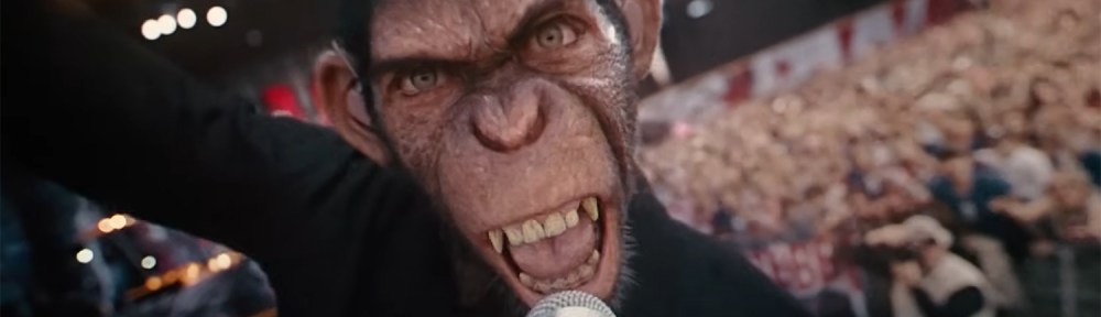 Robbie Williams as an ape singing.