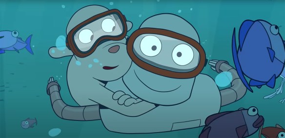 Robot and Dog blast through the ocean.