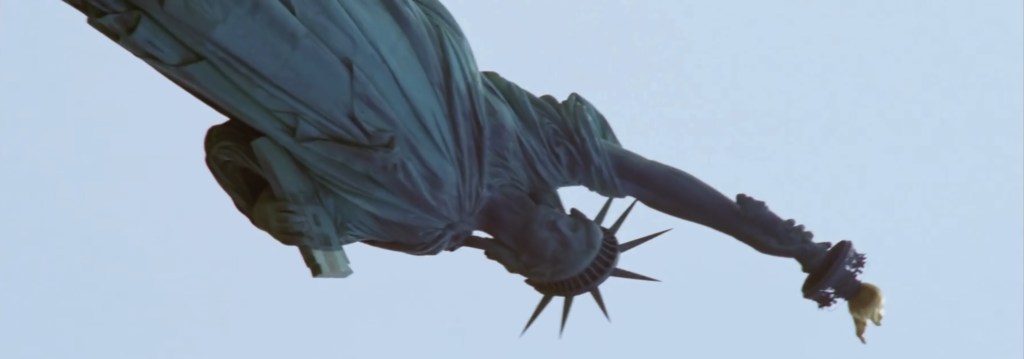 An upside-down Statue of Liberty.