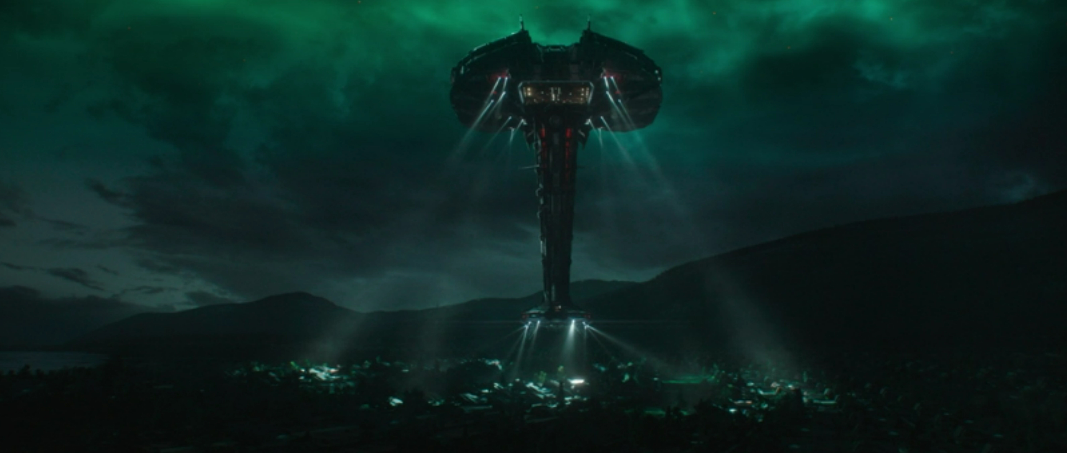 The pirate frigate descends down on the city below.