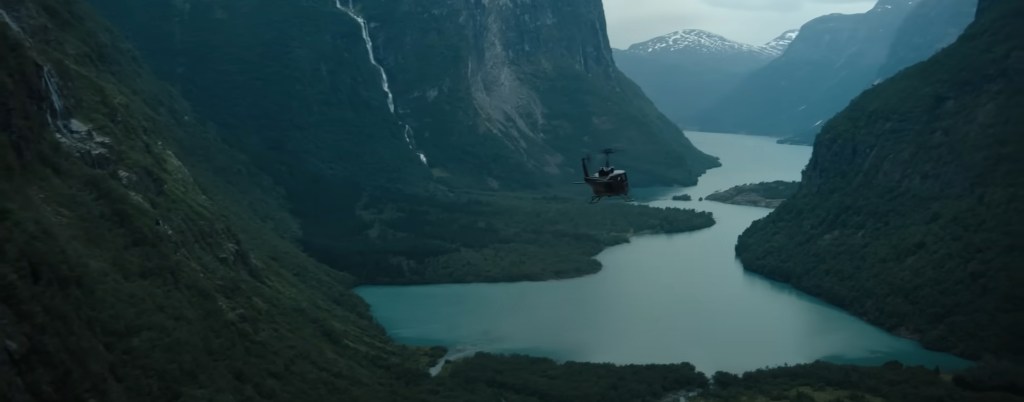 A helicopter over a gorge. 