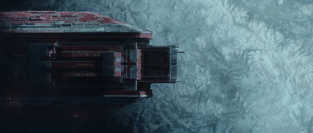 Starship over an icy planet. 