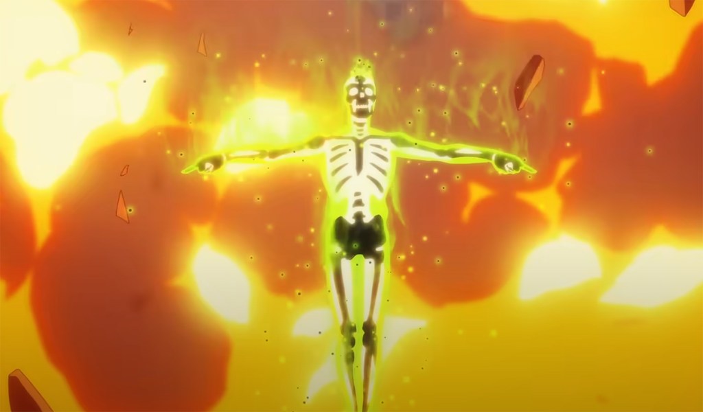 Dr. Phosphorus surrounded by flames. 