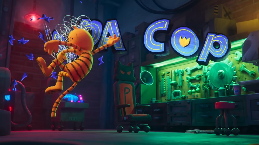 Petey pipping up a caption written above him. 