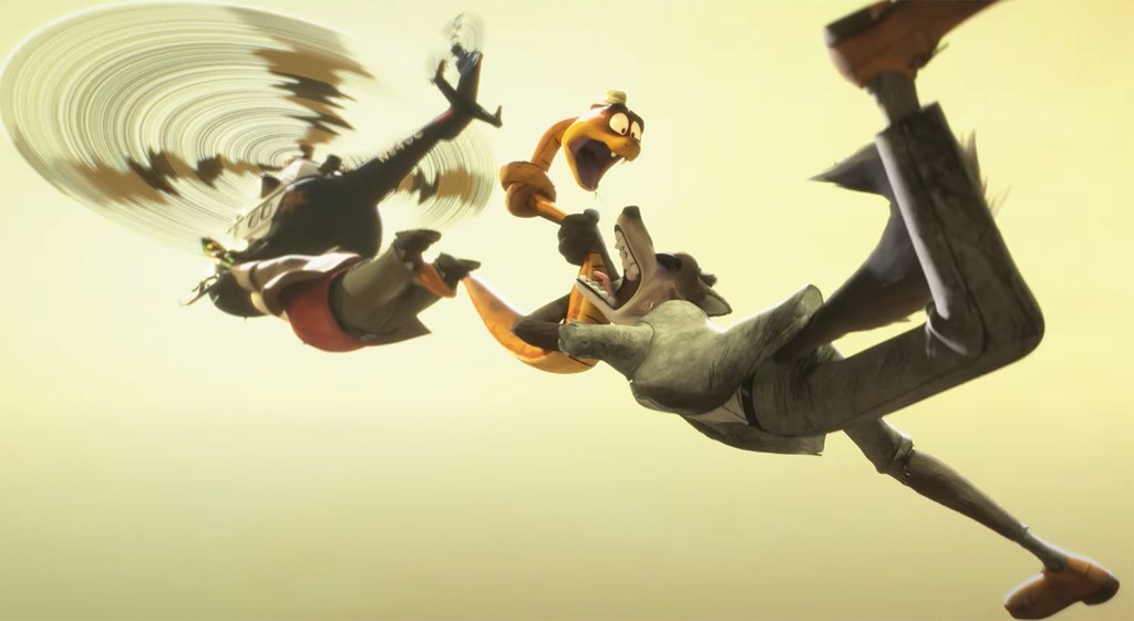 The gang swinging out from underneath a helicopter. 