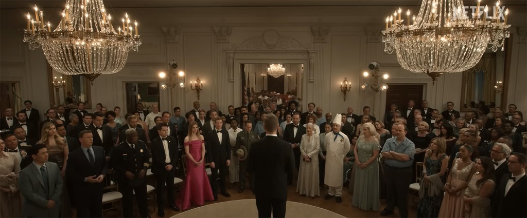 the 
President of the USA addresses the crowd of people waiting. 