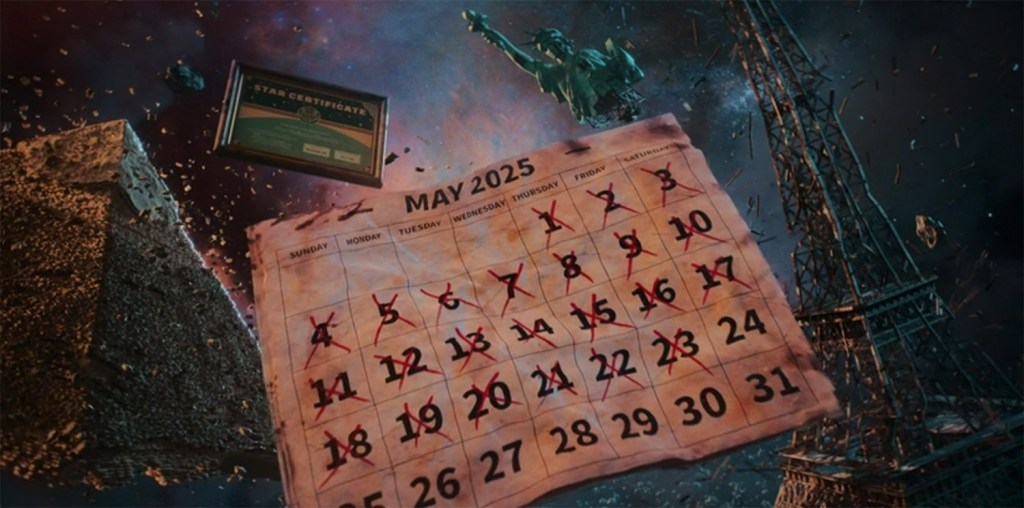 A clanader appears floating in space with a ruined Pyramids, Effie Tower, and Statue of Liberty. 