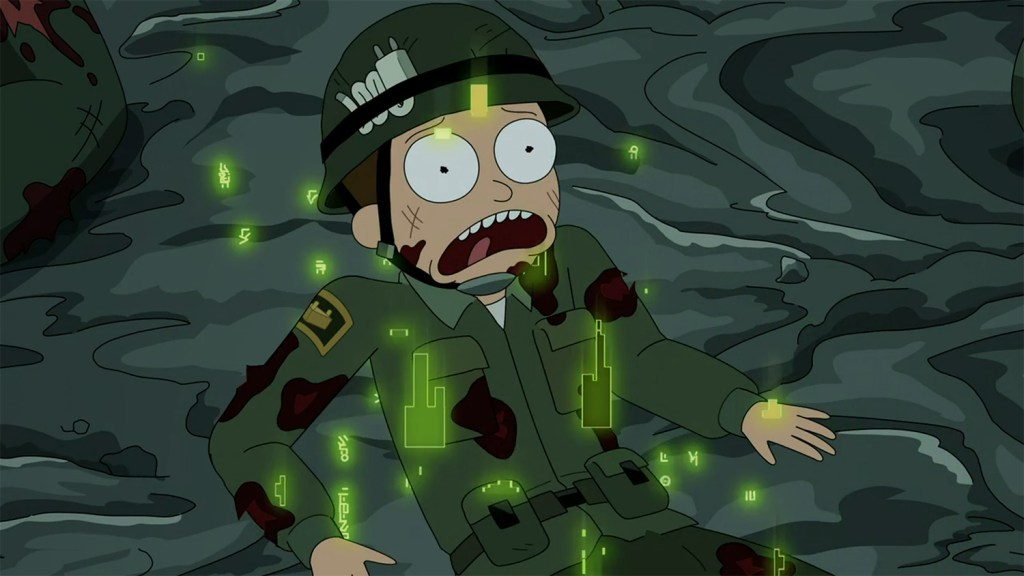 Morty reincarnating on the battlefield in The Matrix. 