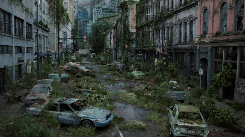 A ruined city street. 