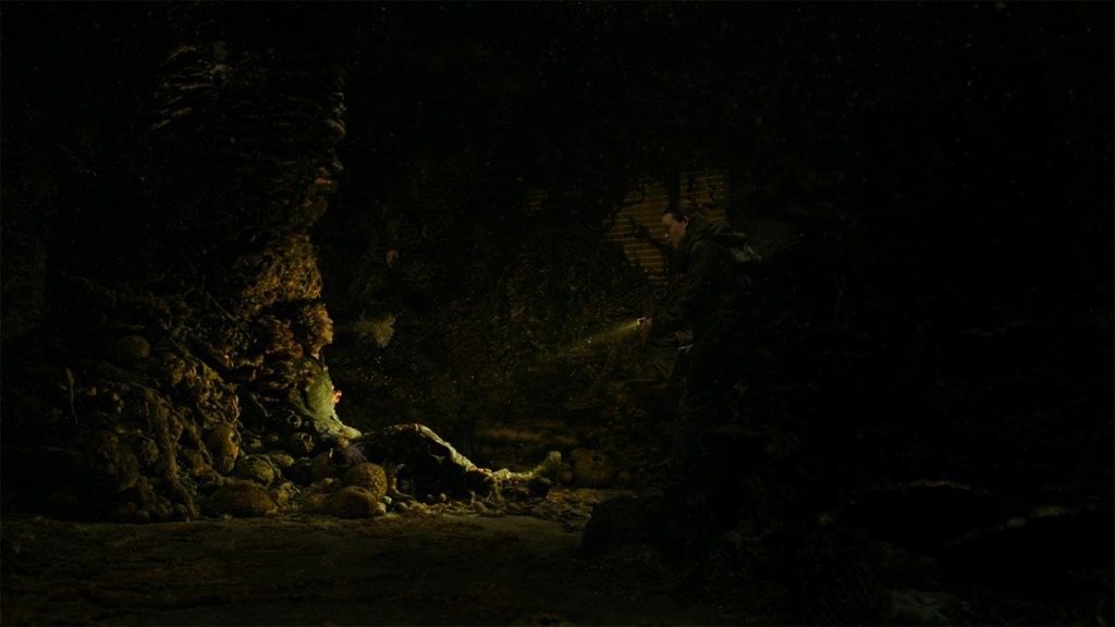 Ellie looks at a man spewing spores from his mouth.  