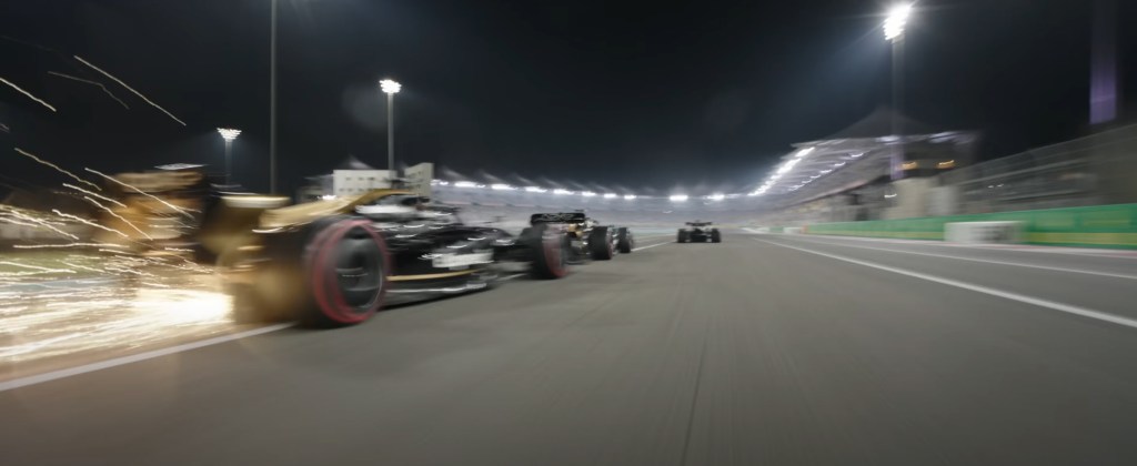 Sparks fly out of the back of an F1 car.