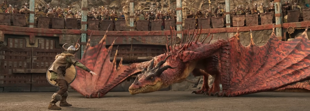 Hiccup stands off against a dragon.