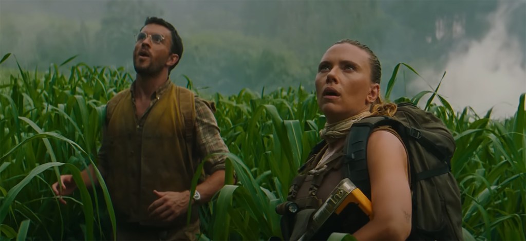 Scarlett Johansson, and Jonathan Bailey look up in wonder. 