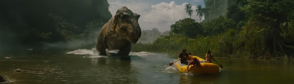 A T-Rex stalks people in a boat. 