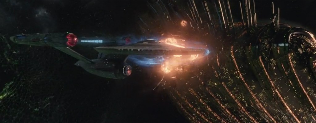 The USS Enterprise rams the Gorn Ship.