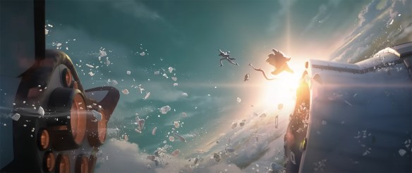 The Bad Guys jump from a rocket to a shuttle.