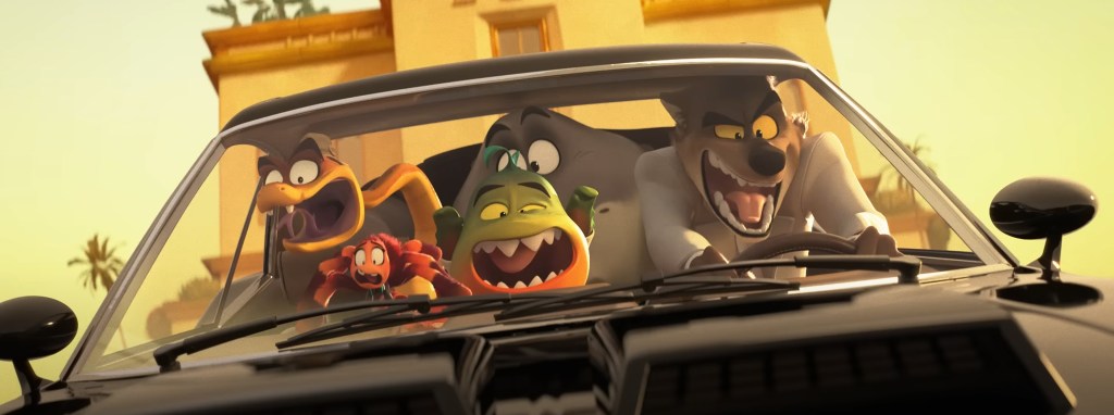 The Bad Guys driving a car out of a building.