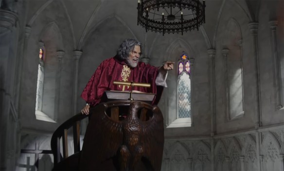 Monsignor Jefferson Wicks (Josh Brolin) yelling from the paupiette. 
