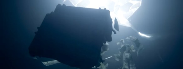 Money falls into the icy water.