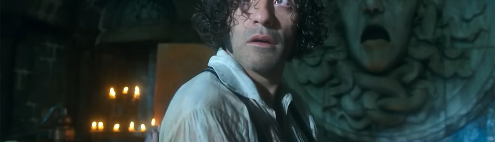 Oscar Isaac cast in light from a lightning strike.