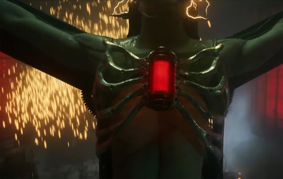 The Monster being brought to life with sparks and explosions. 