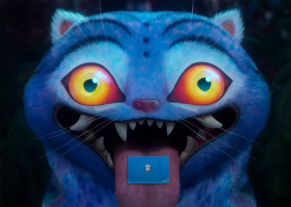 A blue tiger with an invitation in is mouth. 