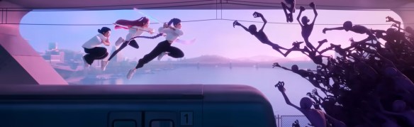 Huntrix fights a wave of demons on the top of a train. 