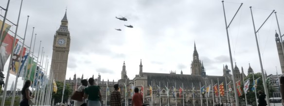 Military Helicopters flying over Big Ben.