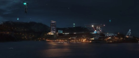 The USS Athena docked at Starfleet Academy on Earth. 