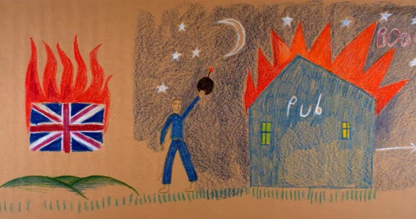 A childrens drawing of The Troubles including a Union Jack on fire, and pub exploding.