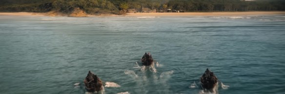 Rowboats approach the shore.