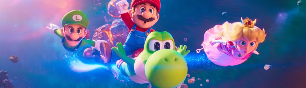 Luigi, Mario, Yoshi, and Peach flying through the galaxy.