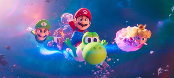 Luigi, Mario, Yoshi, and Peach flying through the galaxy. 
