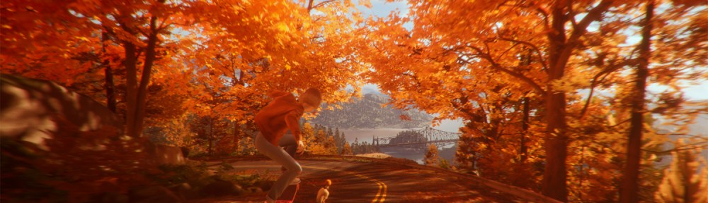 Characters skate through autumn leaves.
