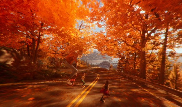 Characters skate through autumn leaves.
