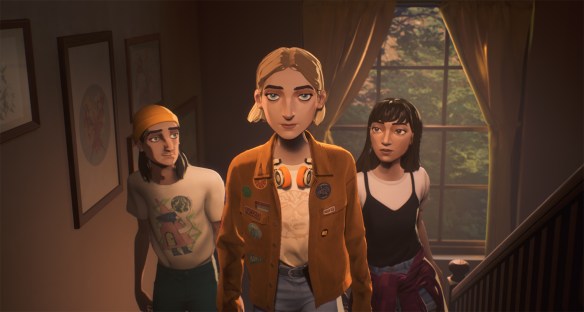 The characters walk up the stairs.