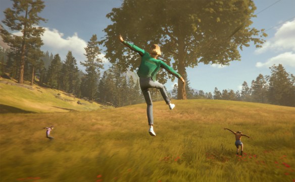 Characters bouncing across a meadow.