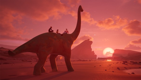 The characters sitting on the back of a dinosaur.