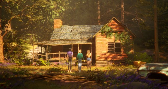 The characters stand out the front of an abandoned house in the forest. 