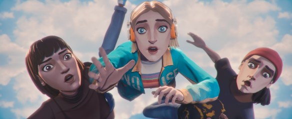 The characters flying through the air.
